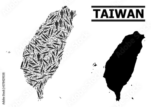 Vaccine mosaic and solid map of Taiwan. Vector map of Taiwan is formed with vaccine symbols and men figures. Template is useful for safety alerts. Final solution over coronavirus. photo