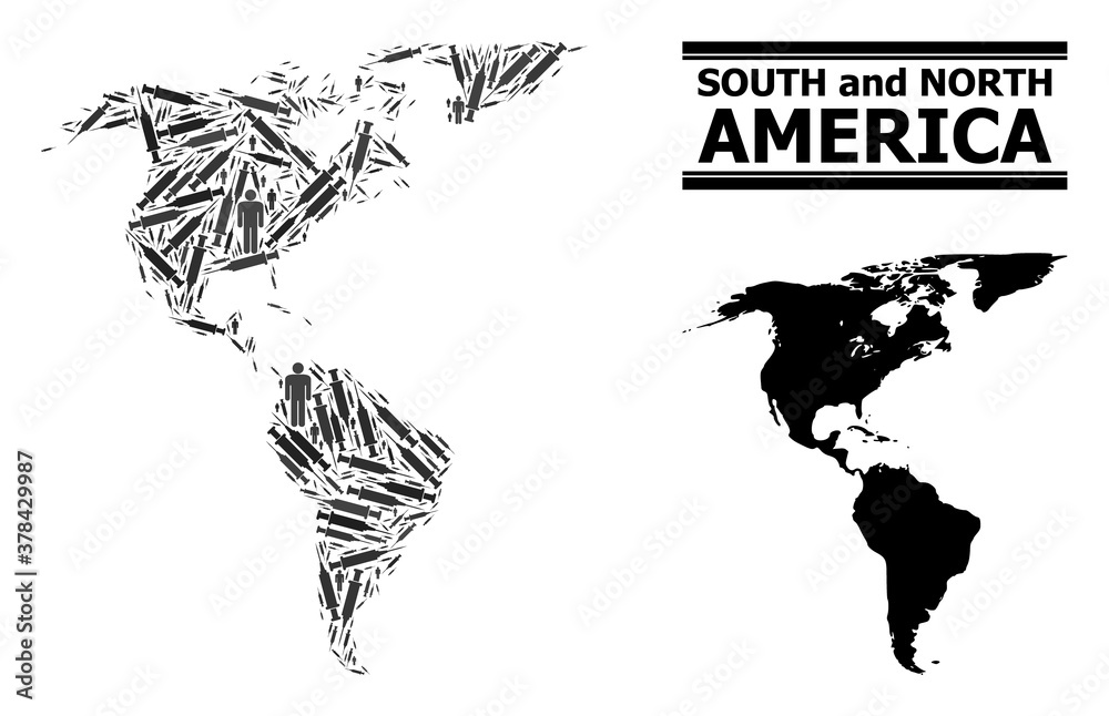 Syringe mosaic and solid map of South and North America. Vector map of South and North America is designed with vaccine doses and people figures. Abstraction designed for medical purposes.