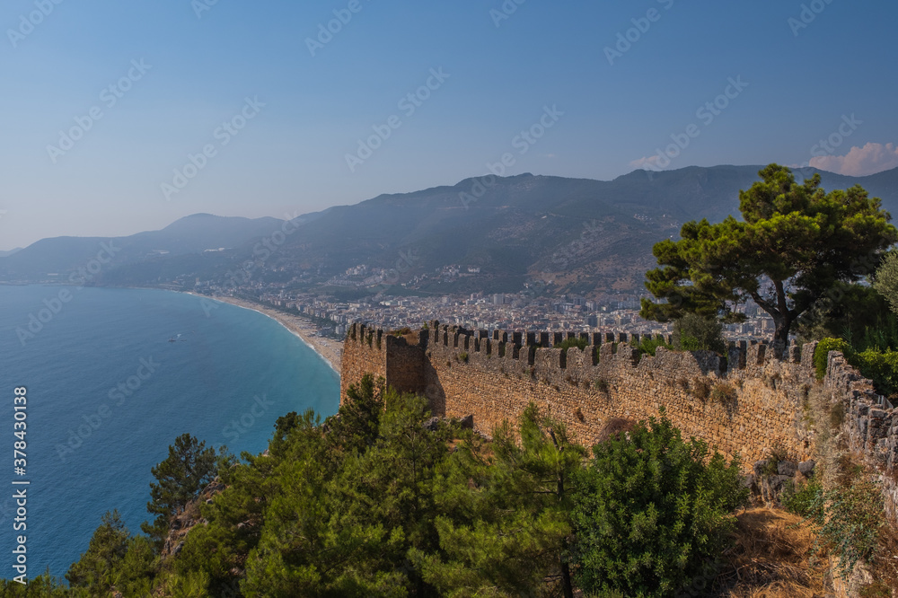 Panoramic view of the sea and the town Alanya, Turkey. August 2020