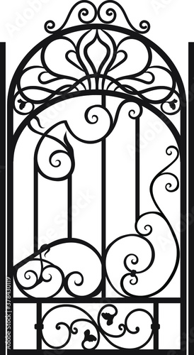 Forged fence. Gothic door, vector design. Decorative garden gate. Metal pattern or iron wicket for garden, castel. Rich ornament. Scroll-work