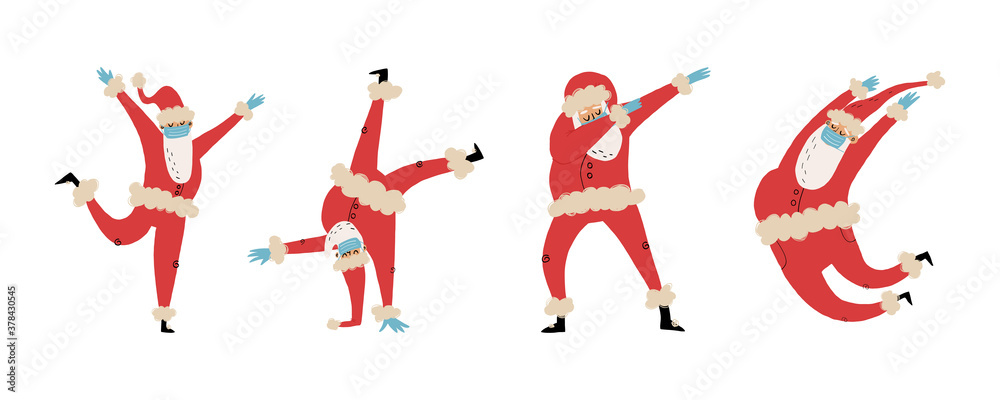 Set of happy dancing Santa Clauses in medical face mask and latex gloves in various pas like dabbing,jumping,break dance