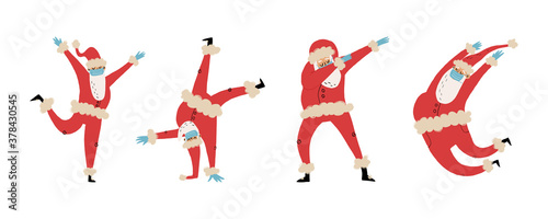 Set of happy dancing Santa Clauses in medical face mask and latex gloves in various pas like dabbing,jumping,break dance