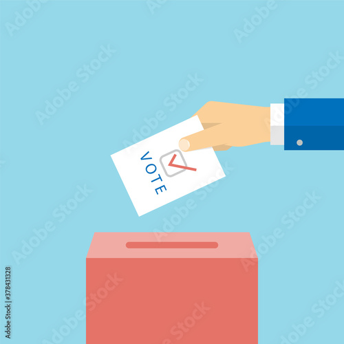 Paper ballot and box for presidential election. Hand voter with card. Vector in flat style
