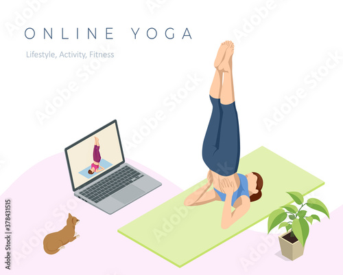 Isometric sporty young woman doing yoga practice. Fitness instructor taking online yoga classes over a video call in laptop. Healthy life concept.