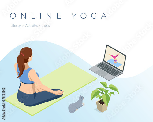 Isometric sporty young woman doing yoga practice. Fitness instructor taking online yoga classes over a video call in laptop. Healthy life concept.
