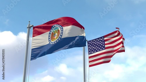 Missouri and USA Flags on a flagpole realistic wave on wind. The State of Missouri in The United States of America. Jefferson City. Kansas City. Luma Mattes for background cutting.
