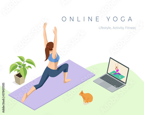 Isometric sporty young woman doing yoga practice. Fitness instructor taking online yoga classes over a video call in laptop. Healthy life concept.