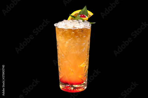 Mai Tai cocktail in a glass with ice cubes, art view,
