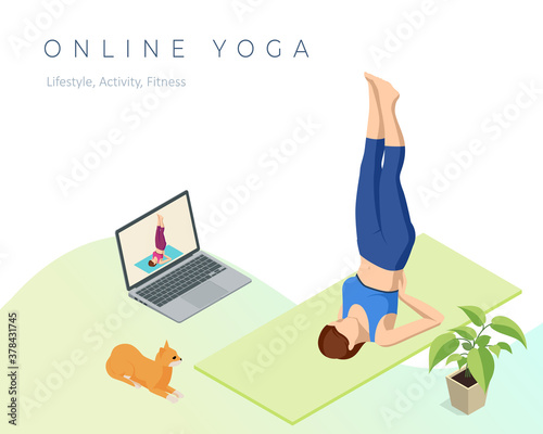 Isometric sporty young woman doing yoga practice. Fitness instructor taking online yoga classes over a video call in laptop. Healthy life concept.