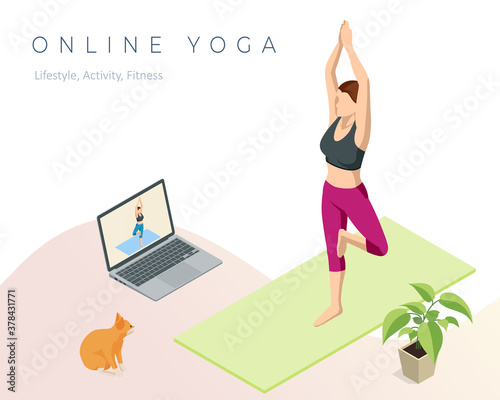 Isometric sporty young woman doing yoga practice. Fitness instructor taking online yoga classes over a video call in laptop. Healthy life concept.