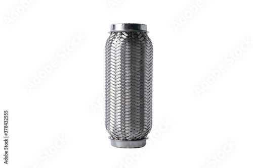 Exhaust Stainless Steel Braided Flexible Exhaust Pipe Muffler for All Car Muffler Corrugation. Repair Tube Joint Isolated On Clean White Background. Car service concept