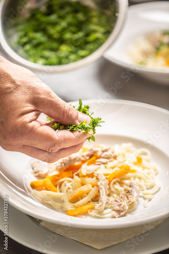 Hand ading fresh parsley to a mix of noodles and carrots, preparing a chicken soup photo