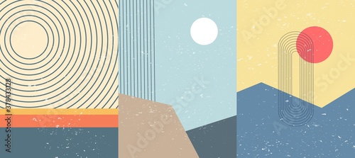 Vector illustration. Bauhaus. Mid century modern graphic. Grunge texture. Minimalist landscape set. Abstract shapes. Design elements for poster, book cover, brochure, magazine, presentation, card