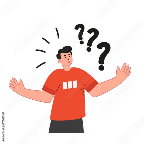 The thoughtful young man shrugs and spreads his hands. Emotions expressing confusion and no answer to the question. Cartoon vector illustration.