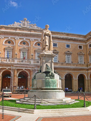 Italy, Marche, Recanati, monumental statue of Leopardi in the town square. photo