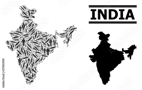 Vaccine mosaic and solid map of India. Vector map of India is shaped with vaccine doses and people figures. Collage is useful for epidemic posters. Final solution over coronavirus.
