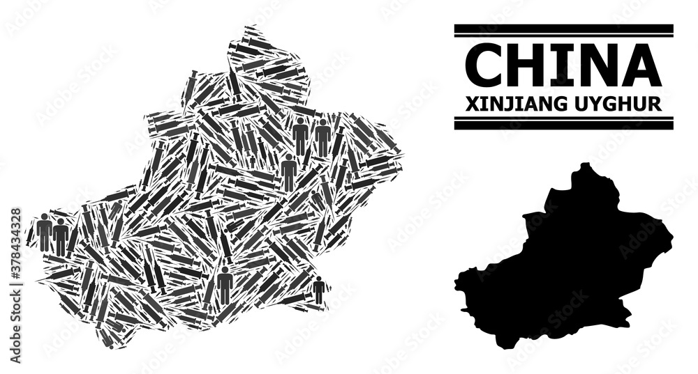 Covid-2019 Treatment mosaic and solid map of Xinjiang Uyghur Region. Vector map of Xinjiang Uyghur Region is composed with injection needles and people figures. Covid-2019 Treatment mosaic and solid map of Xinjiang Uyghur Region. Vector map of Xinjiang Uyghur Region is composed with injection needles and people figures.