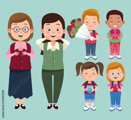 happy teachers day scene with female teacher and students kids