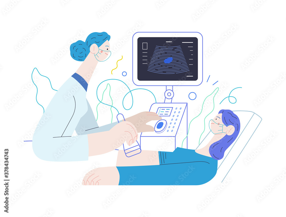 Medical tests illustration - ultrasound - modern flat vector concept digital illustration of ultrasonography procedure -doctor examing patient pregnant woman with scanner, medical office or laboratory