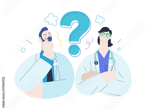 Medical insurance template -second opinion on a matter -modern flat vector concept digital illustration of two doctors and a question mark, second medical opinion metaphor, medical insurance plan photo