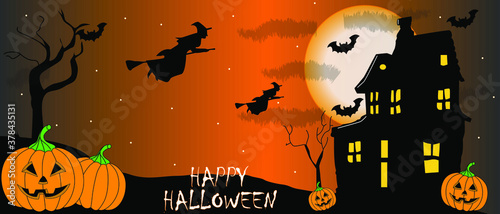 Tarjeta de felicitación para halloween, casa aterradora rodeada de murciélagos, dos brujas volando en sus escobas y calabazas malvadas en medio del campo oscuro y espeluznante
