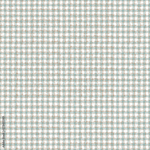 Vector woven cotton effect seamless pattern background. Dense painterly plaid weave grid backdrop. Repeat gingham mid century fabric style. Neutral color palette burlap cloth all over print