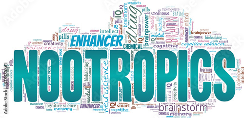 Nootropics vector illustration word cloud isolated on a white background.