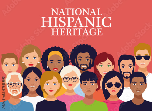 national hispanic heritage celebration lettering with group of people
