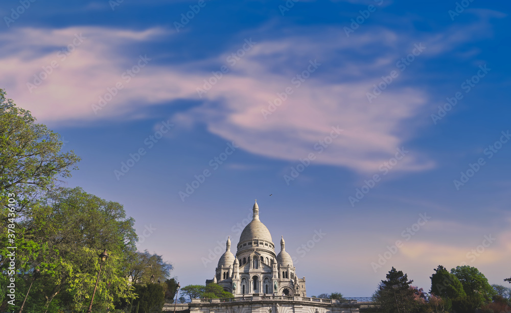 The Basilica of the Sacred Heart of Paris, commonly known as Sacré-Cœur Basilica, located in the Montmartre district of Paris, France.