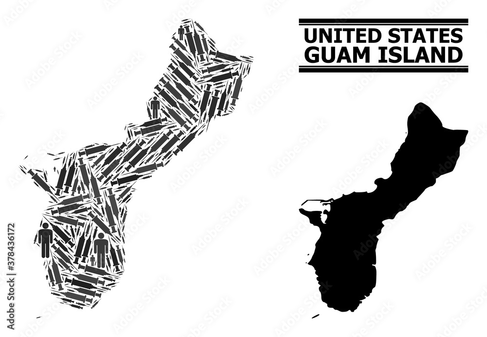 Vaccine mosaic and solid map of Guam Island. Vector map of Guam Island is composed of vaccine symbols and people figures. Illustration is useful for lockdown alerts. Vaccine mosaic and solid map of Guam Island. Vector map of Guam Island is composed of vaccine symbols and people figures. Illustration is useful for lockdown alerts.