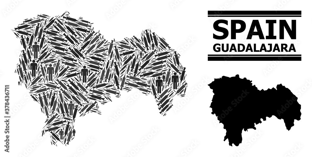 Fototapeta premium Covid-2019 Treatment mosaic and solid map of Guadalajara Province. Vector map of Guadalajara Province is shaped from inoculation icons and people figures. Illustration is useful for quarantine alerts.