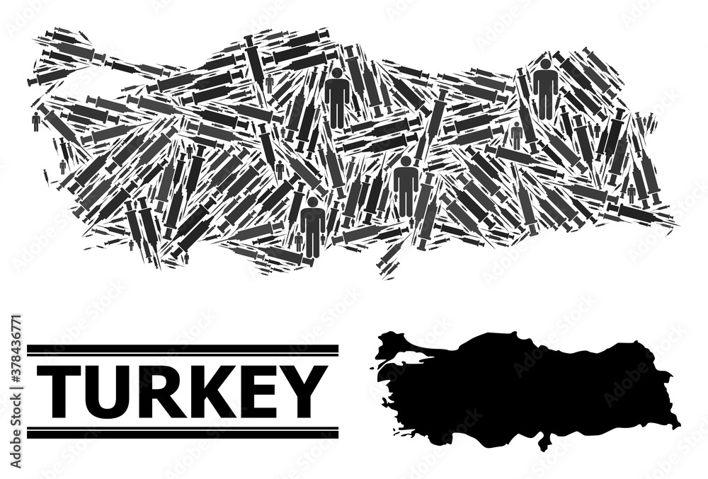 Inoculation mosaic and solid map of Turkey. Vector map of Turkey is shaped with inoculation icons and people figures. Illustration is useful for treatment ads. Final win over asian flu. Inoculation mosaic and solid map of Turkey. Vector map of Turkey is shaped with inoculation icons and people figures. Illustration is useful for treatment ads. Final win over asian flu.
