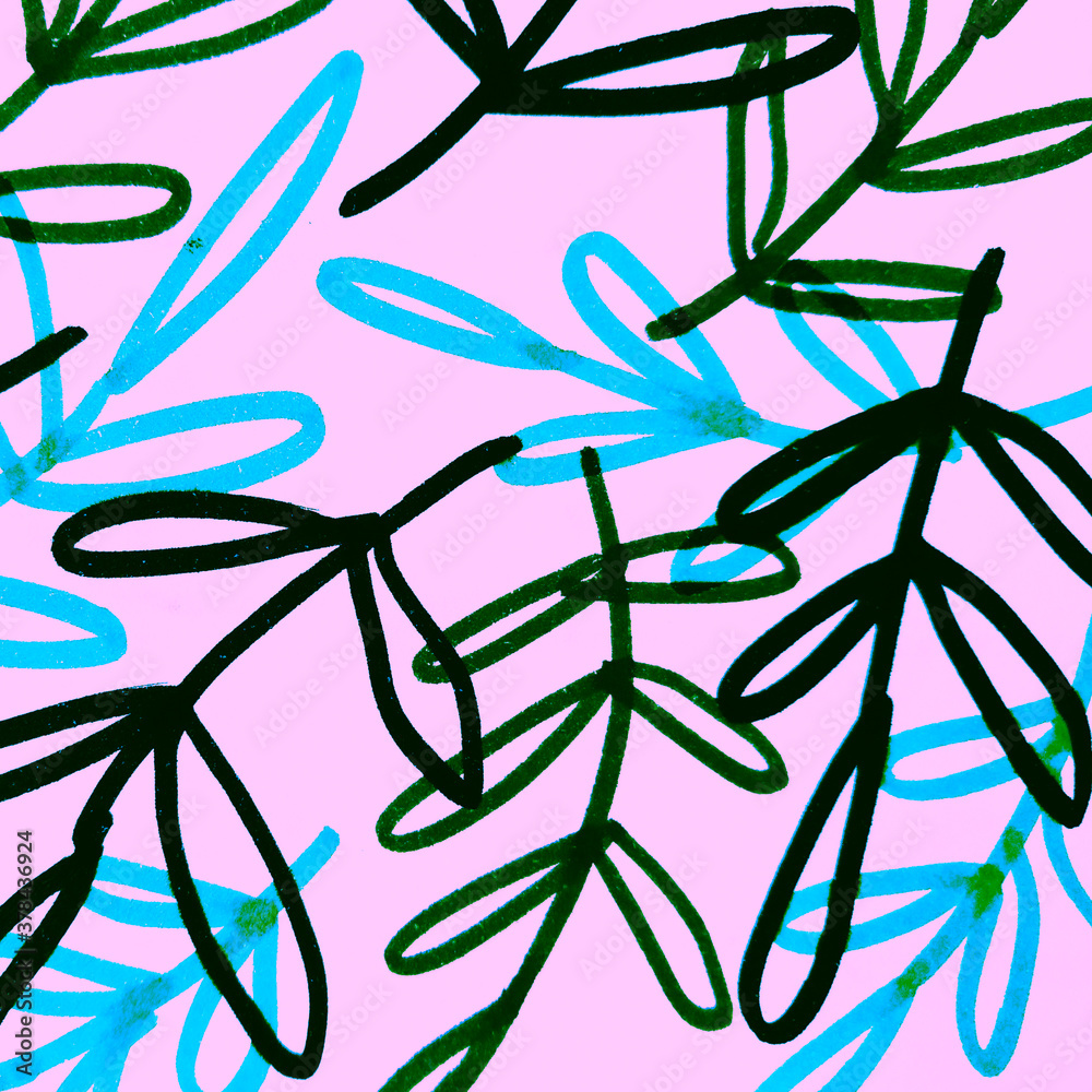 Black Garden Illustration. Green Wash Drawing.