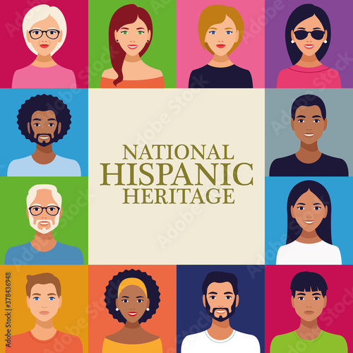 national hispanic heritage celebration lettering with group of people in square frame
