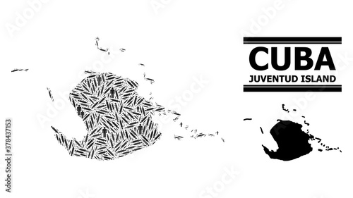 Covid-2019 Treatment mosaic and solid map of Juventud Island. Vector map of Juventud Island is designed of vaccine symbols and people figures. Collage designed for lockdown posters.