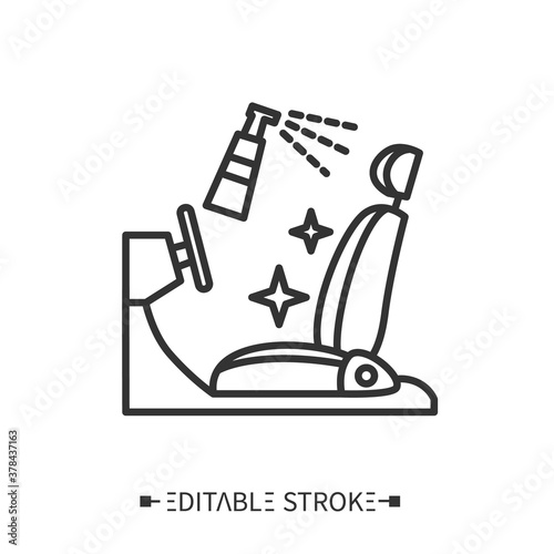 Disinfection of car seat line icon. Sanitizing to personal transport. Safety space and preventative measures. Preventing virus spread concept. Isolated vector illustration. Editable stroke 