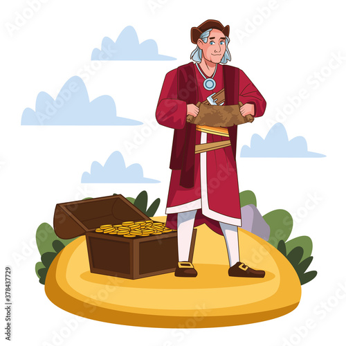 Columbus day celebration scene of christopher lifting paper map and threasure chest photo