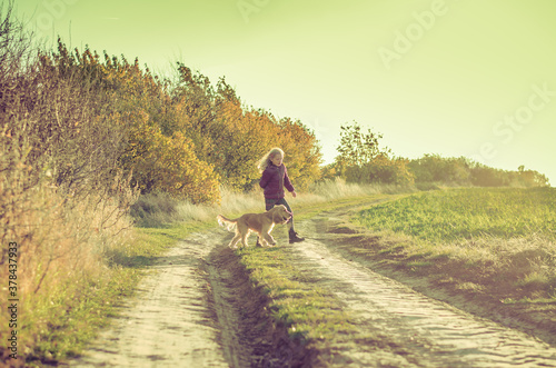 child and dog walking together in the colorful nature