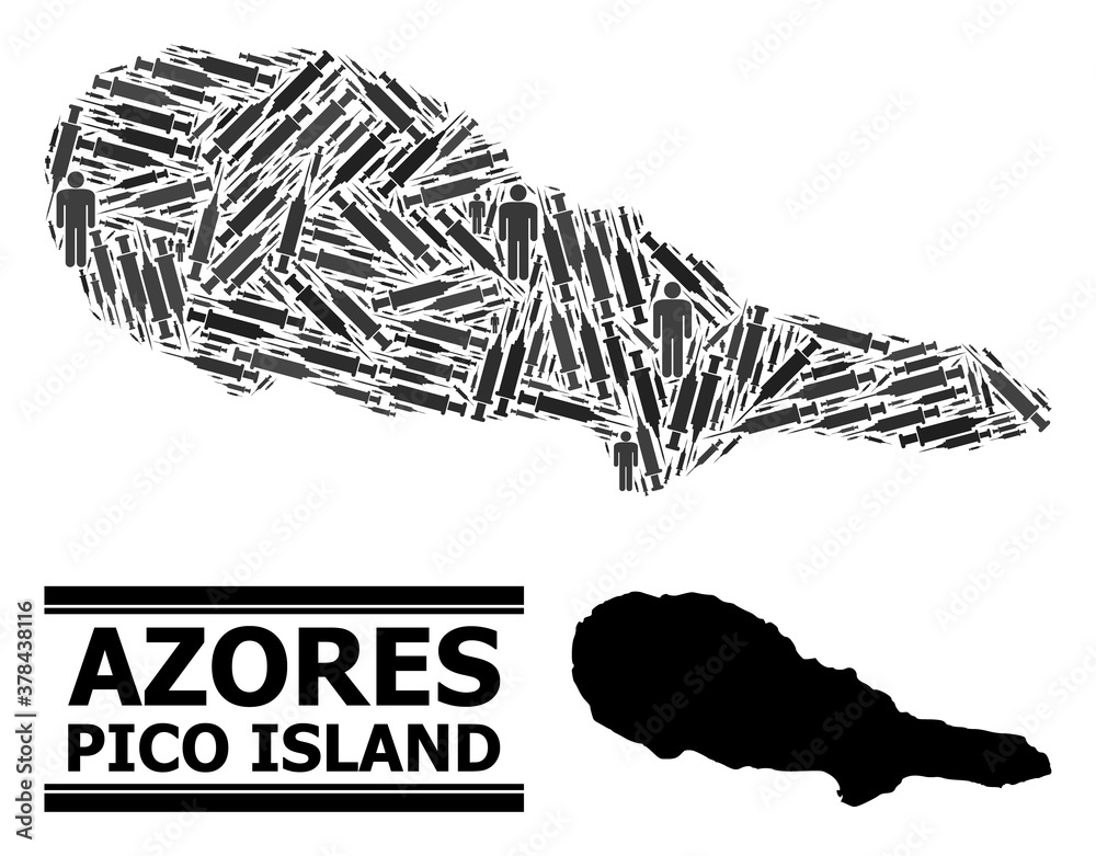Inoculation mosaic and solid map of Pico Island. Vector map of Pico Island is composed from inoculation icons and men figures. Template for treatment aims. Final win over virus outbreak. Inoculation mosaic and solid map of Pico Island. Vector map of Pico Island is composed from inoculation icons and men figures. Template for treatment aims. Final win over virus outbreak.