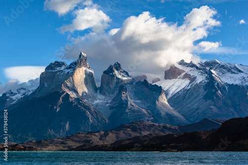 Torres del Paine national park. Cuernos mountains lake Pehoe