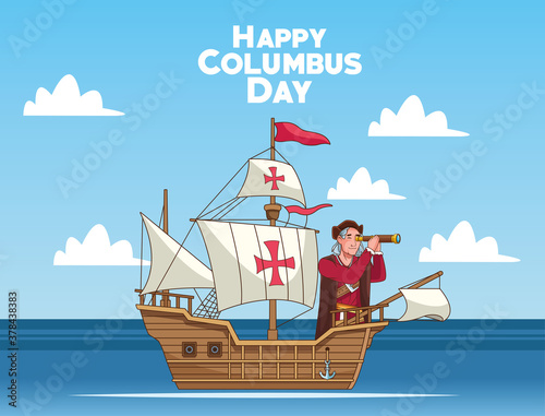 Columbus day celebration scene of christopher using telescope in caravel scene
