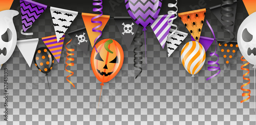 halloween seamless banner with balloons, pennants and streamers