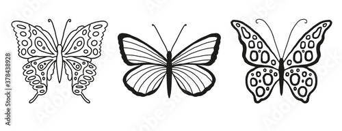 Set of silhouettes of butterflies isolated on white background in vector format.Separate objects for logo, design, illustration for easy and graceful design. Freedom. Insect with beautiful wings