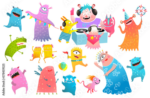 Kids monsters DJ party festival, playing vinyl, dancing creatures clipart collection for children. Funny monsters characters at the discotheque. Vector cartoon illustration for kids isolated clip art.
