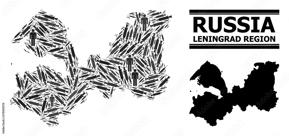 Virus therapy mosaic and solid map of Leningrad Region. Vector map of Leningrad Region is done of inoculation icons and human figures. Illustration is useful for medical templates.