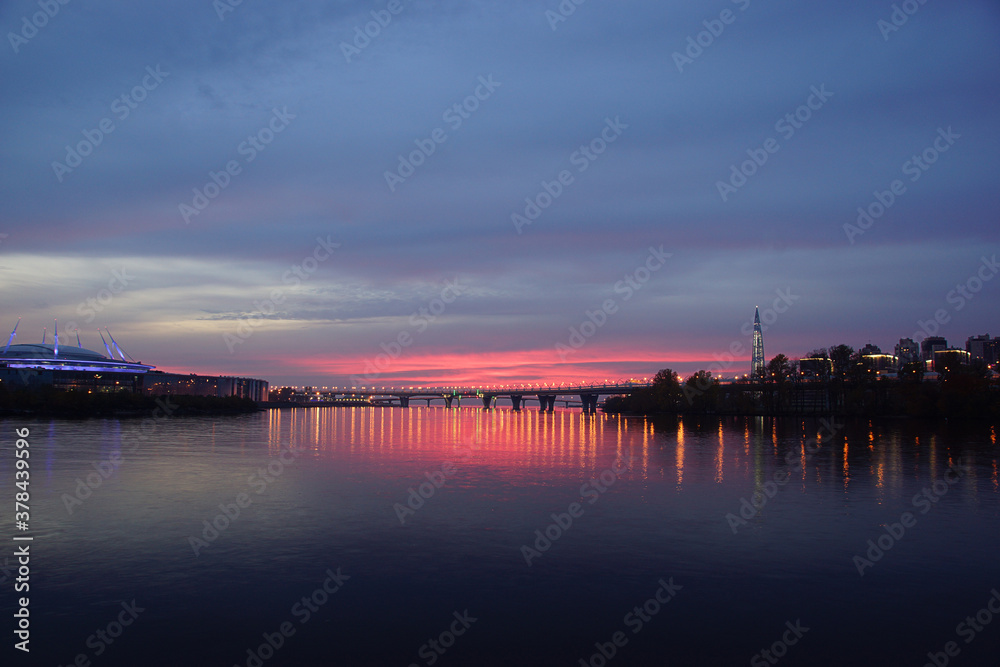 Beautiful sunset over the gulf of finland in the city of saint petersburg