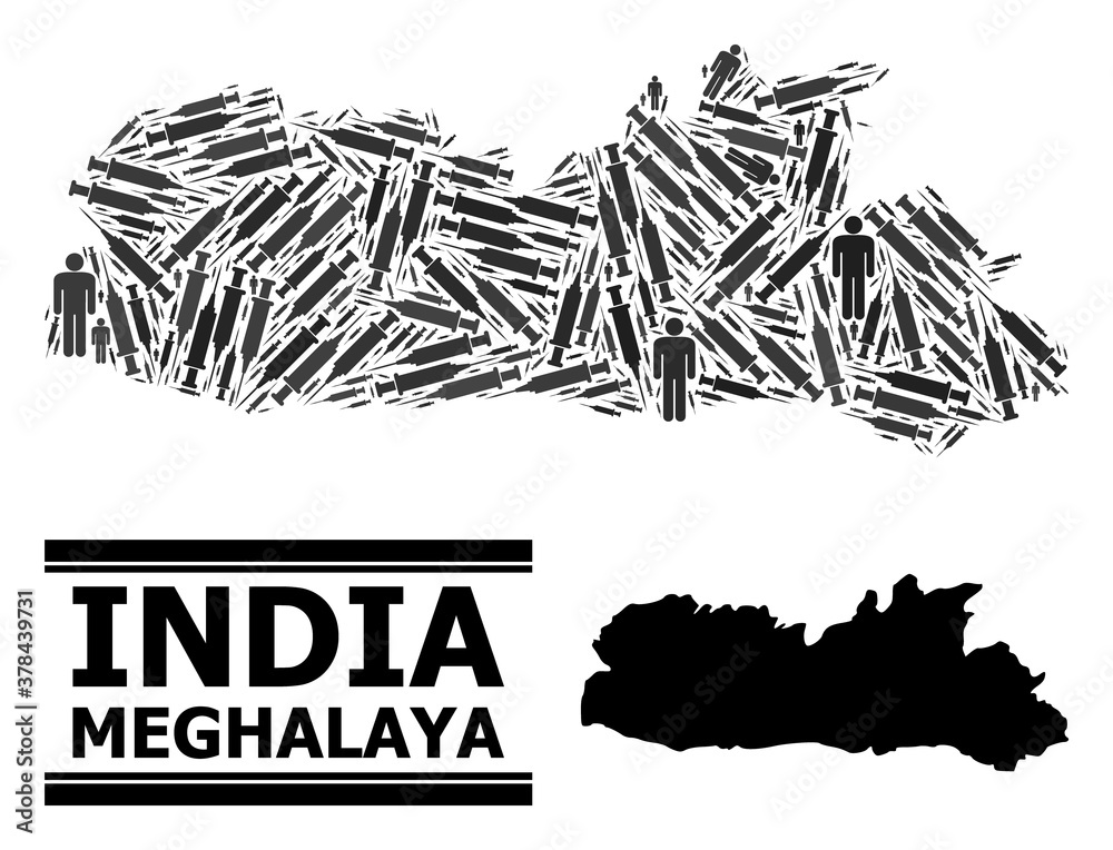 Covid-2019 Treatment mosaic and solid map of Meghalaya State. Vector map of Meghalaya State is made from vaccine symbols and human figures. Illustration is useful for medical templates. Covid-2019 Treatment mosaic and solid map of Meghalaya State. Vector map of Meghalaya State is made from vaccine symbols and human figures. Illustration is useful for medical templates.