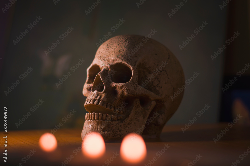 Halloween, skull on the table, candlelight on a dark background, horror, spooky, dark, dark