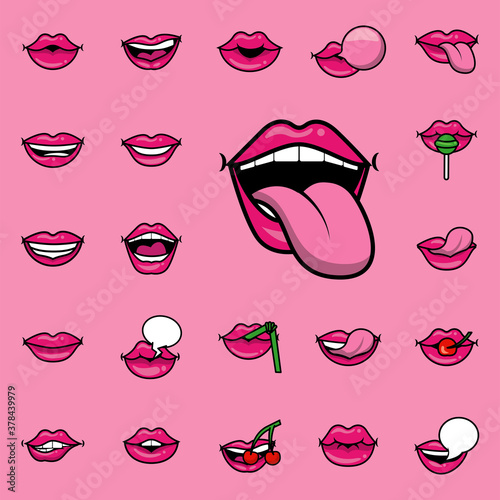 mouth with tongue out and bundle of pop art mouths fill style