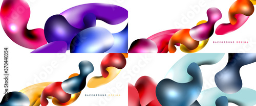 Bubbles abstract background set. Flying plastic style fluid shapes on white. Vector wallpapers